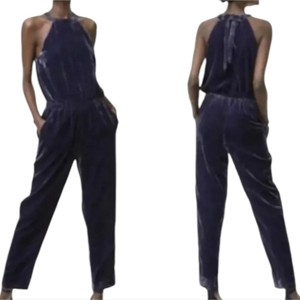 Loft Crushed‎ Velvet Halter Jumpsuit Royal Purple Blue Size Small